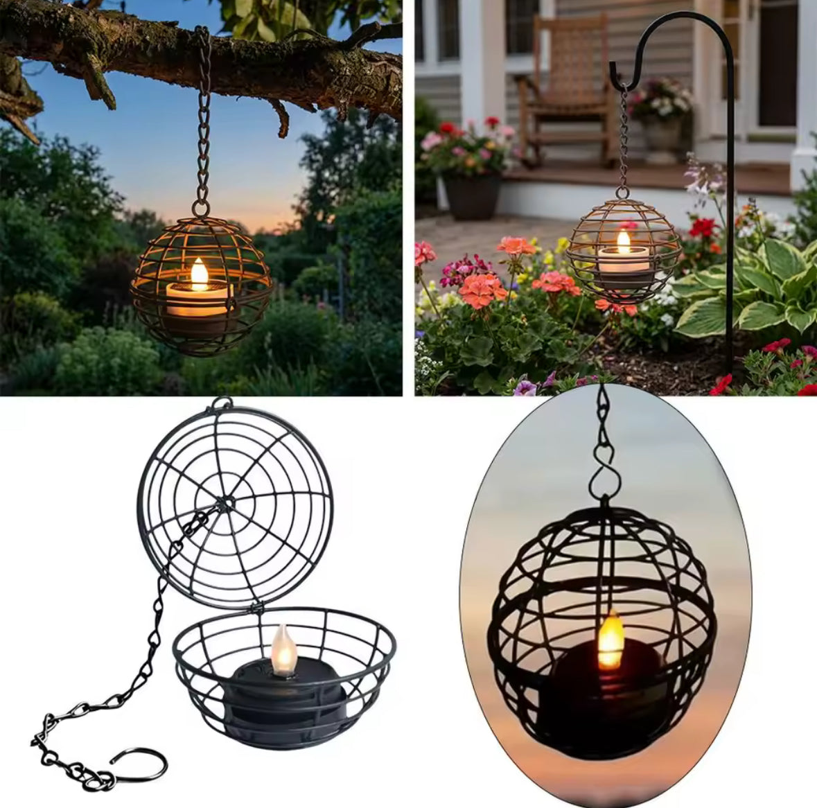 Solar Hängelaternen 4er-Set mit flackerndem LED-Teelicht | Rost-Eisen Kugellaternen IP44 mit Dämmerungssensor | Kerzenlicht ohne Flamme für Baum, Zaun & Pergola