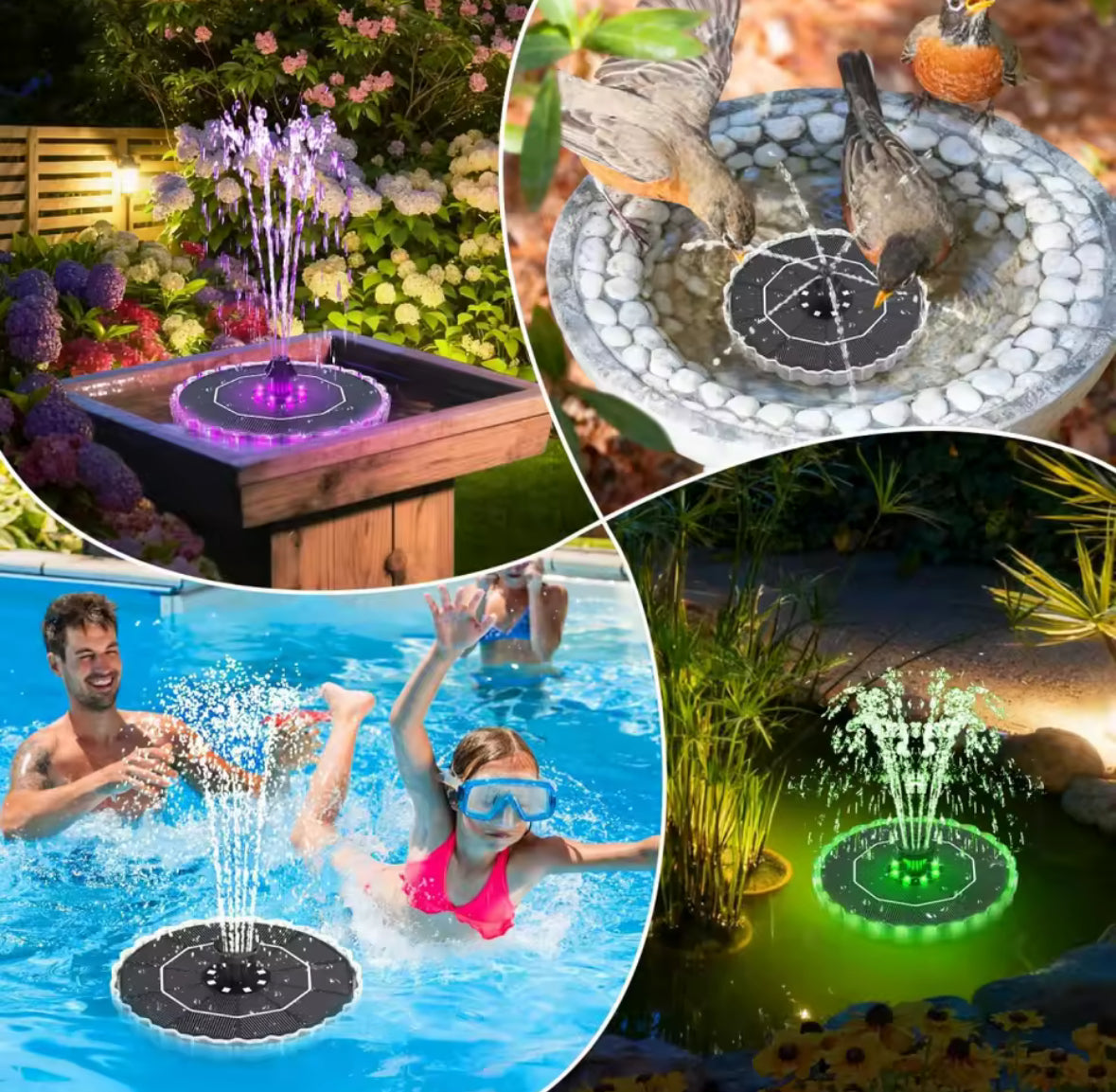 Solar LED Springbrunnen für Vogelbad & Miniteich | Läuft dank Akku auch abends – 8 Düsen, LED-Farbwechsel, Anti-Drift | Lockt Vögel an, kabellos per Solar