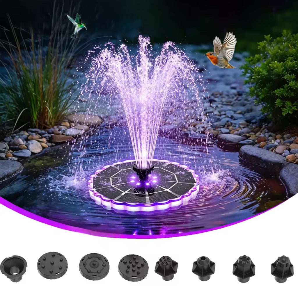 Solar LED Springbrunnen für Vogelbad & Miniteich | Läuft dank Akku auch abends – 8 Düsen, LED-Farbwechsel, Anti-Drift | Lockt Vögel an, kabellos per Solar