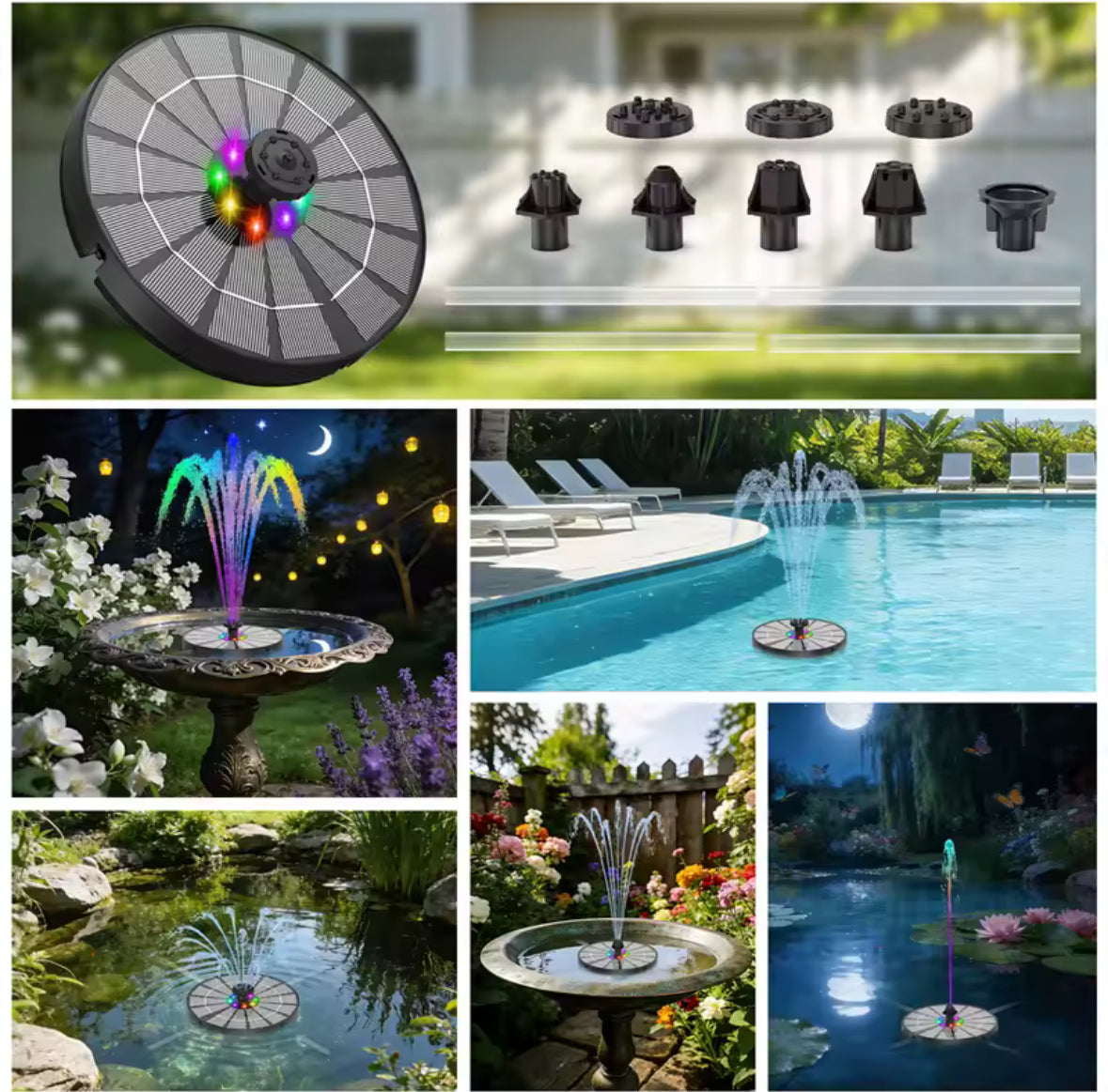 Solar LED Springbrunnen für Vogelbad & Miniteich | Läuft dank Akku auch abends – 8 Düsen, LED-Farbwechsel, Anti-Drift | Lockt Vögel an, kabellos per Solar