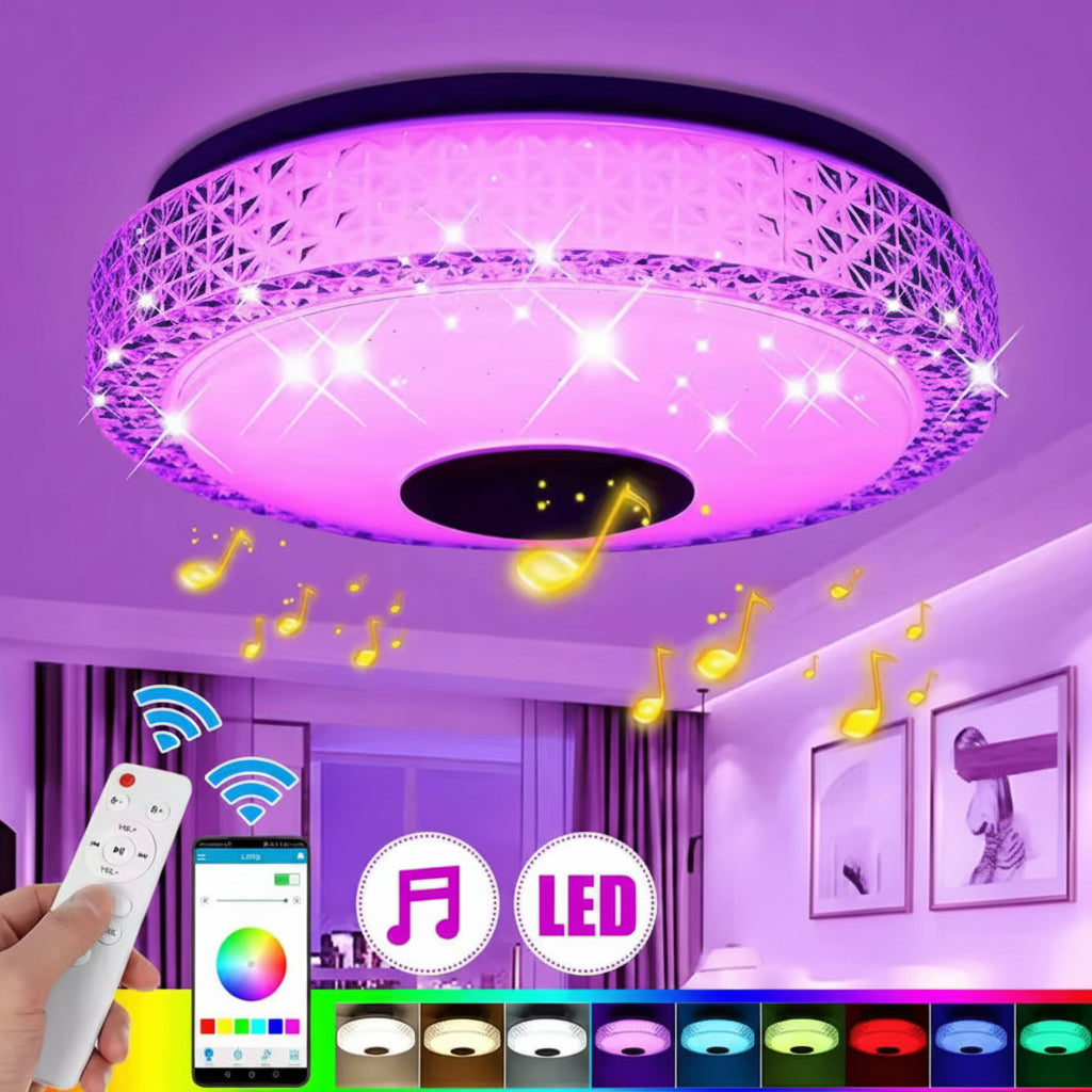 LED Deckenleuchte mit Lautsprechern | RGB + Warmweiss, dimmbar per App & Fernbedienung, Ø 30 cm | Stimmungslicht für Schlafzimmer, Kinderzimmer & Wohnzimmer