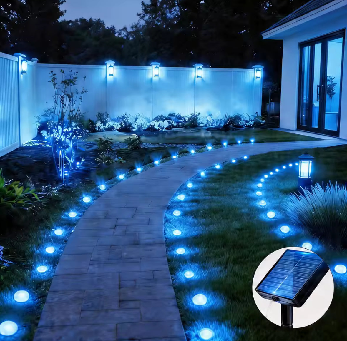 Solar Wegleuchten-Set am Band | 10–40 Steckleuchten an einem Solarpanel, 6 Farben, 8 Modi | Lichtlinie für Gartenweg, Beet, Zaun & Einfahrt