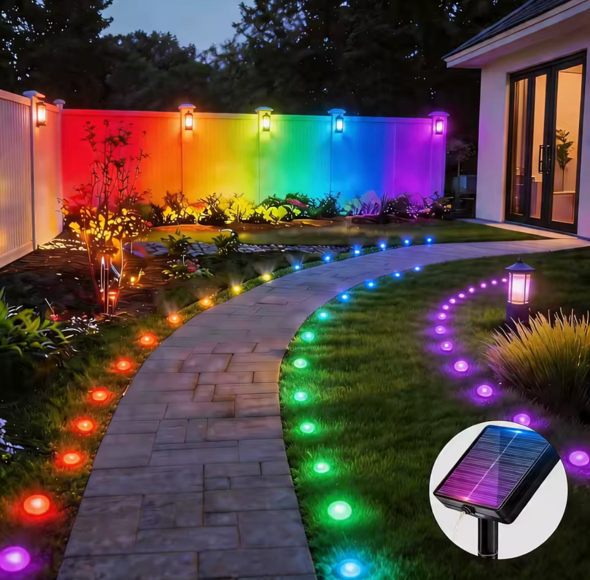 Solar Wegleuchten-Set am Band | 10–40 Steckleuchten an einem Solarpanel, 6 Farben, 8 Modi | Lichtlinie für Gartenweg, Beet, Zaun & Einfahrt