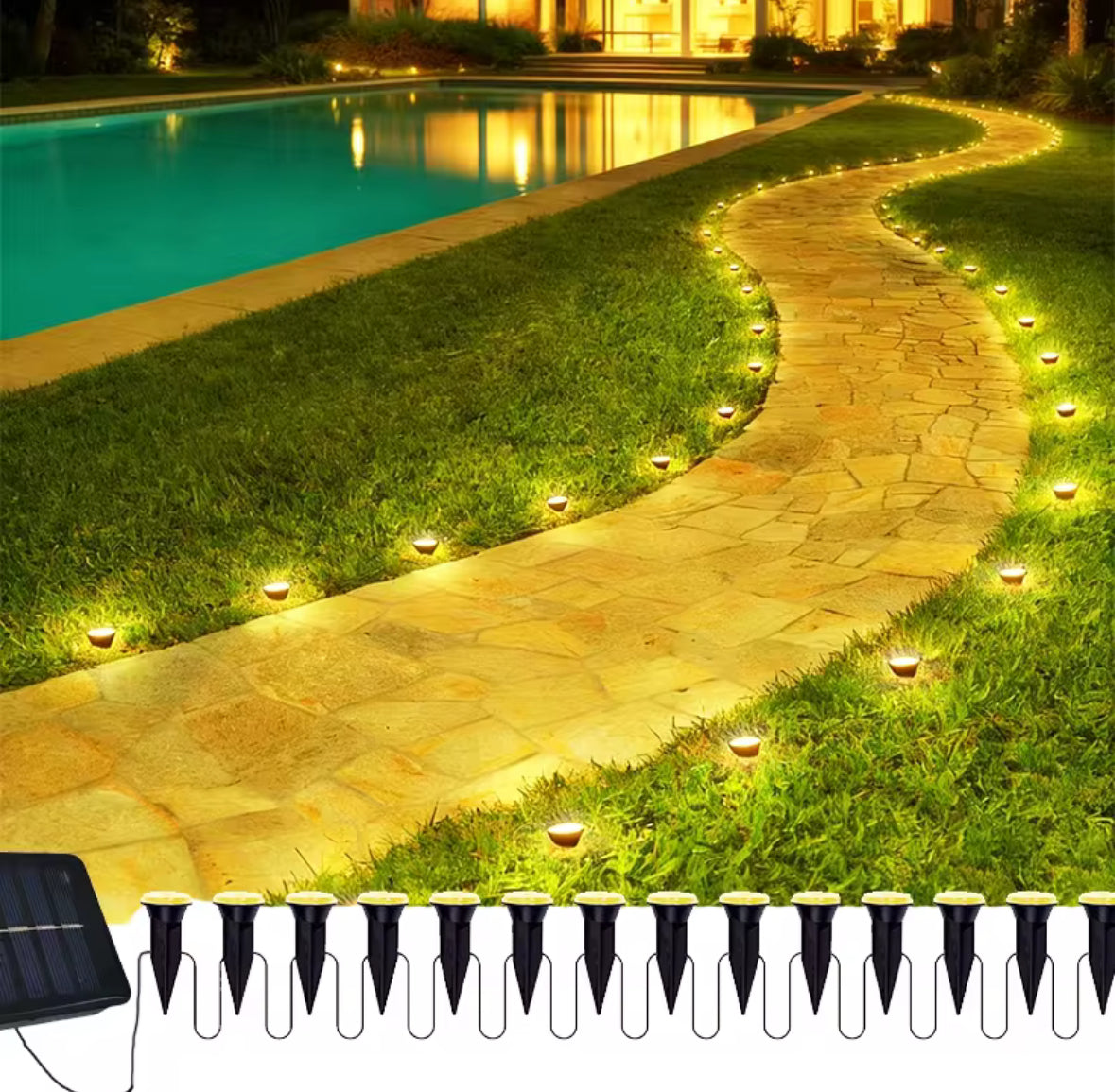 Solar Wegleuchten-Set am Band | 10–40 Steckleuchten an einem Solarpanel, 6 Farben, 8 Modi | Lichtlinie für Gartenweg, Beet, Zaun & Einfahrt