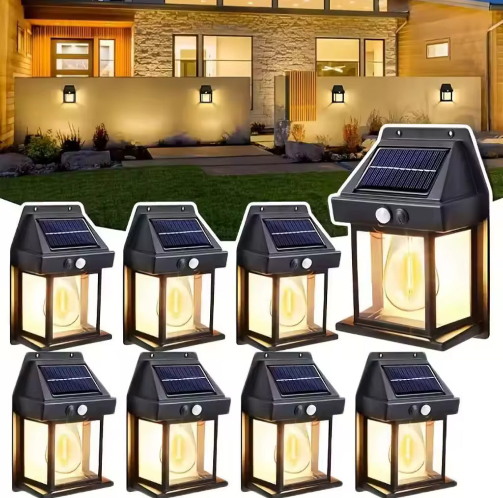 Solar Wandleuchte mit Bewegungsmelder | Vintage-Laterne mit E27 Filament-Birne, 3 Modi, 1800 mAh | Kabelloses Licht für Haustür, Garage, Balkon & Sitzplatz