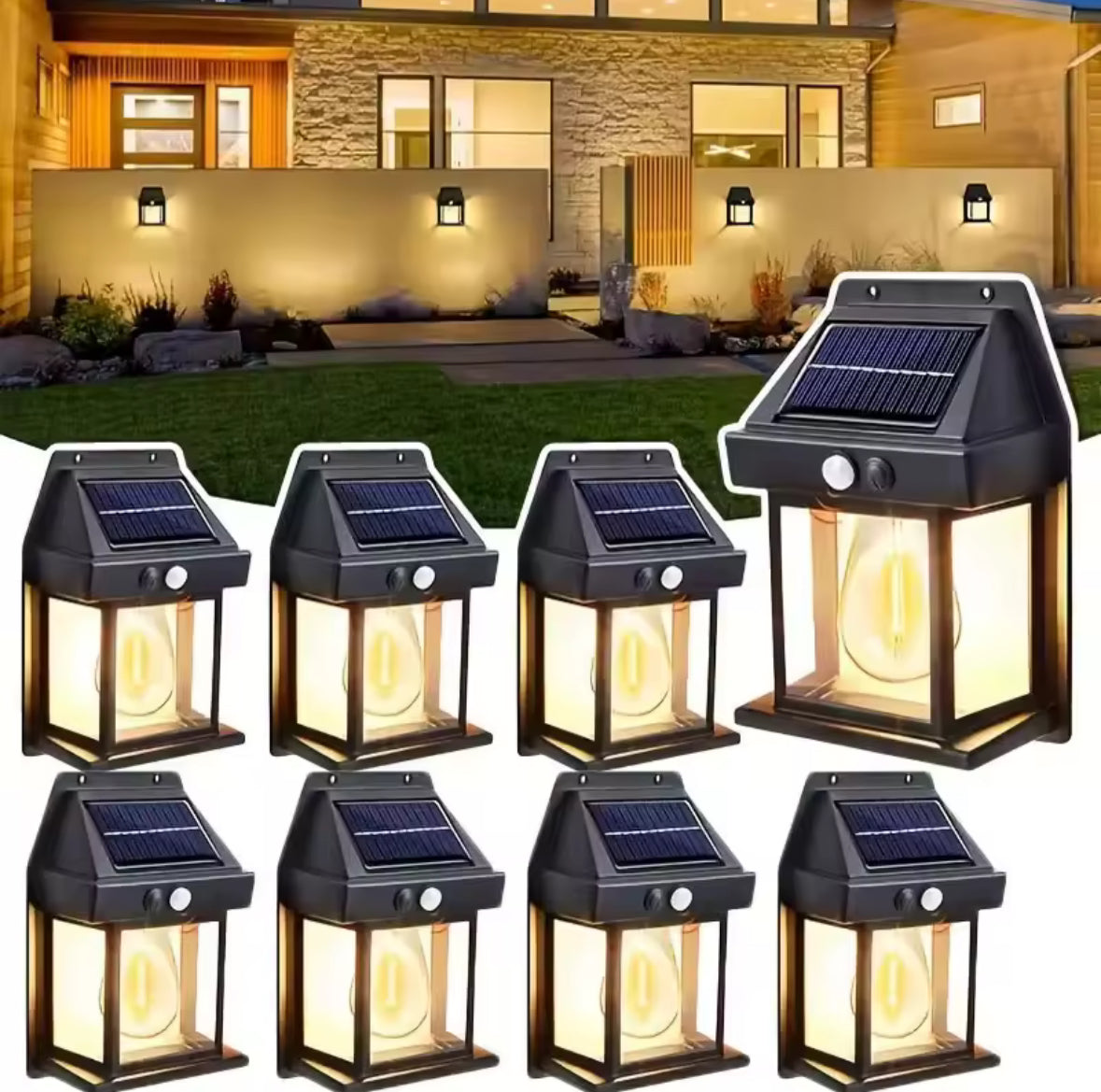 Solar Wandleuchte mit Bewegungsmelder | Vintage-Laterne mit E27 Filament-Birne, 3 Modi, 1800 mAh | Kabelloses Licht für Haustür, Garage, Balkon & Sitzplatz