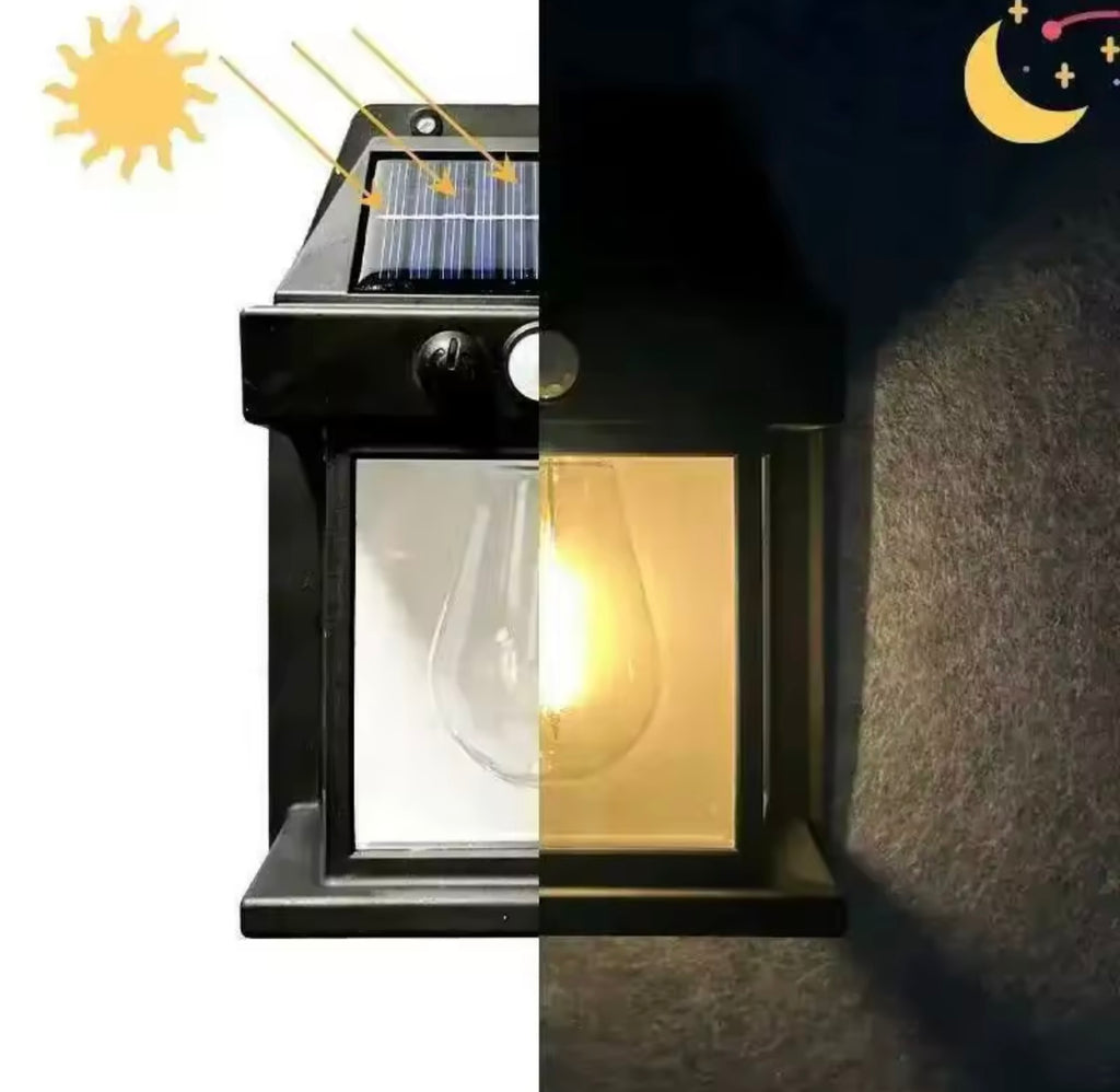 Solar Wandleuchte mit Bewegungsmelder | Vintage-Laterne mit E27 Filament-Birne, 3 Modi, 1800 mAh | Kabelloses Licht für Haustür, Garage, Balkon & Sitzplatz