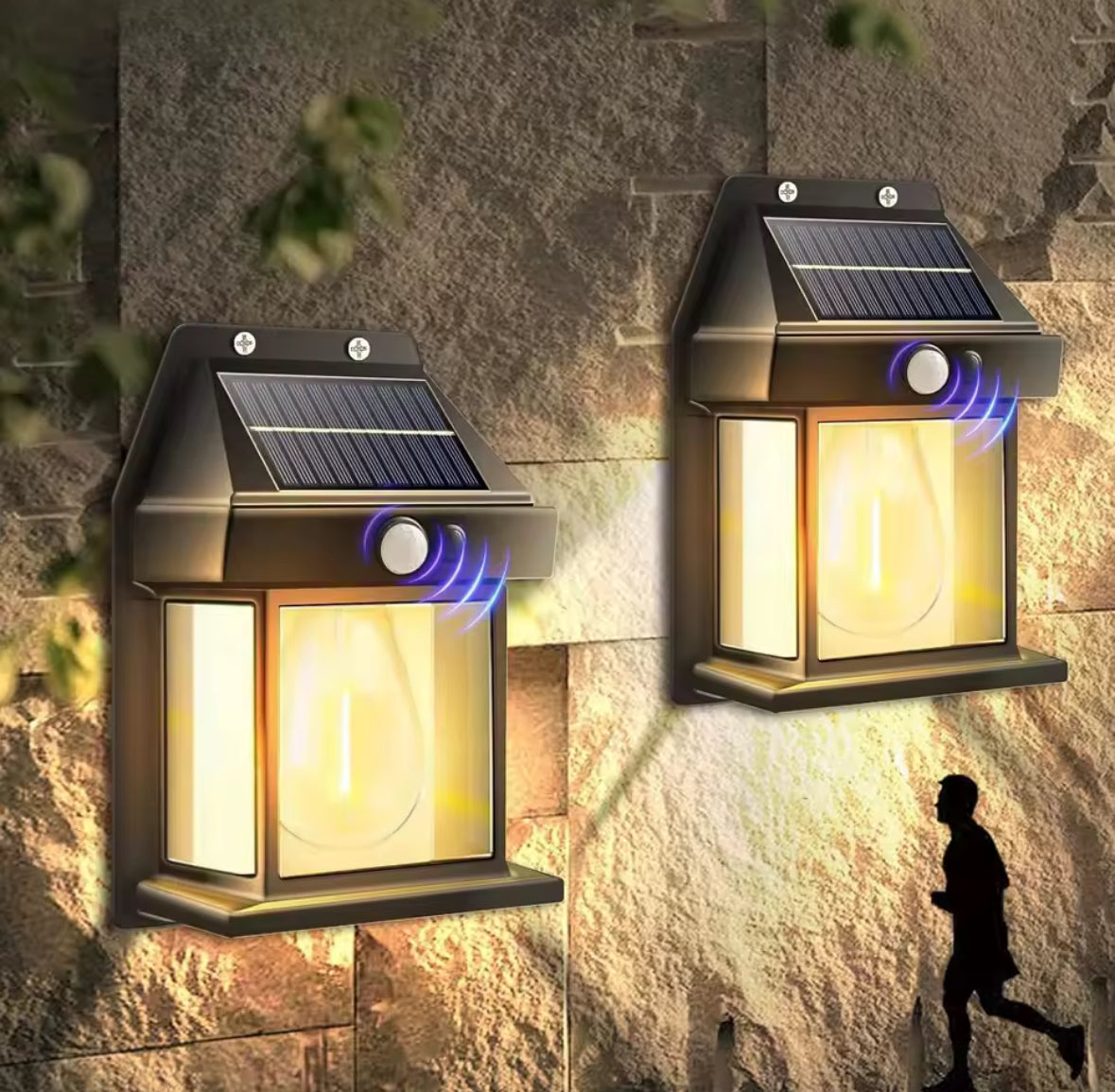 Solar Wandleuchte mit Bewegungsmelder | Vintage-Laterne mit E27 Filament-Birne, 3 Modi, 1800 mAh | Kabelloses Licht für Haustür, Garage, Balkon & Sitzplatz