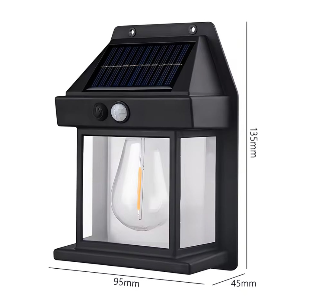 Solar Wandleuchte mit Bewegungsmelder | Vintage-Laterne mit E27 Filament-Birne, 3 Modi, 1800 mAh | Kabelloses Licht für Haustür, Garage, Balkon & Sitzplatz