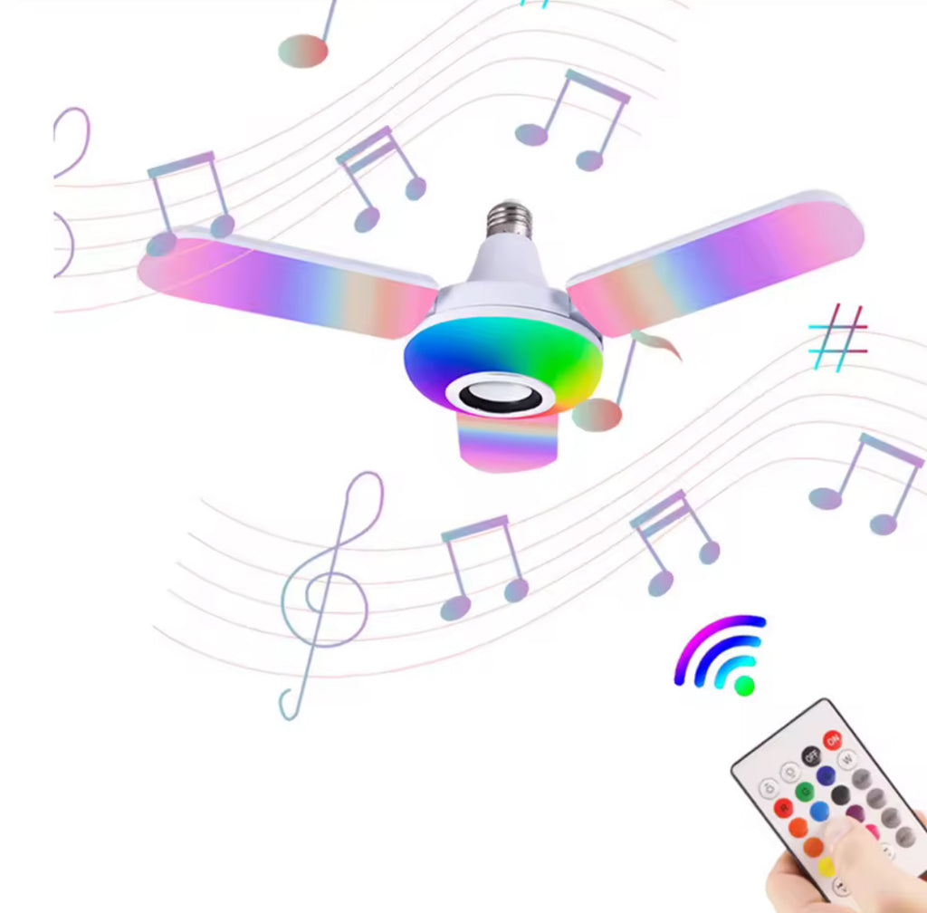 LED Musik-Lampe mit Bluetooth-Lautsprecher | E27 Farbwechsel-Birne mit 4 Leucht-Blättern & Fernbedienung | Party-Licht & Sound für Wohnzimmer, Jugendzimmer & Hobbyraum
