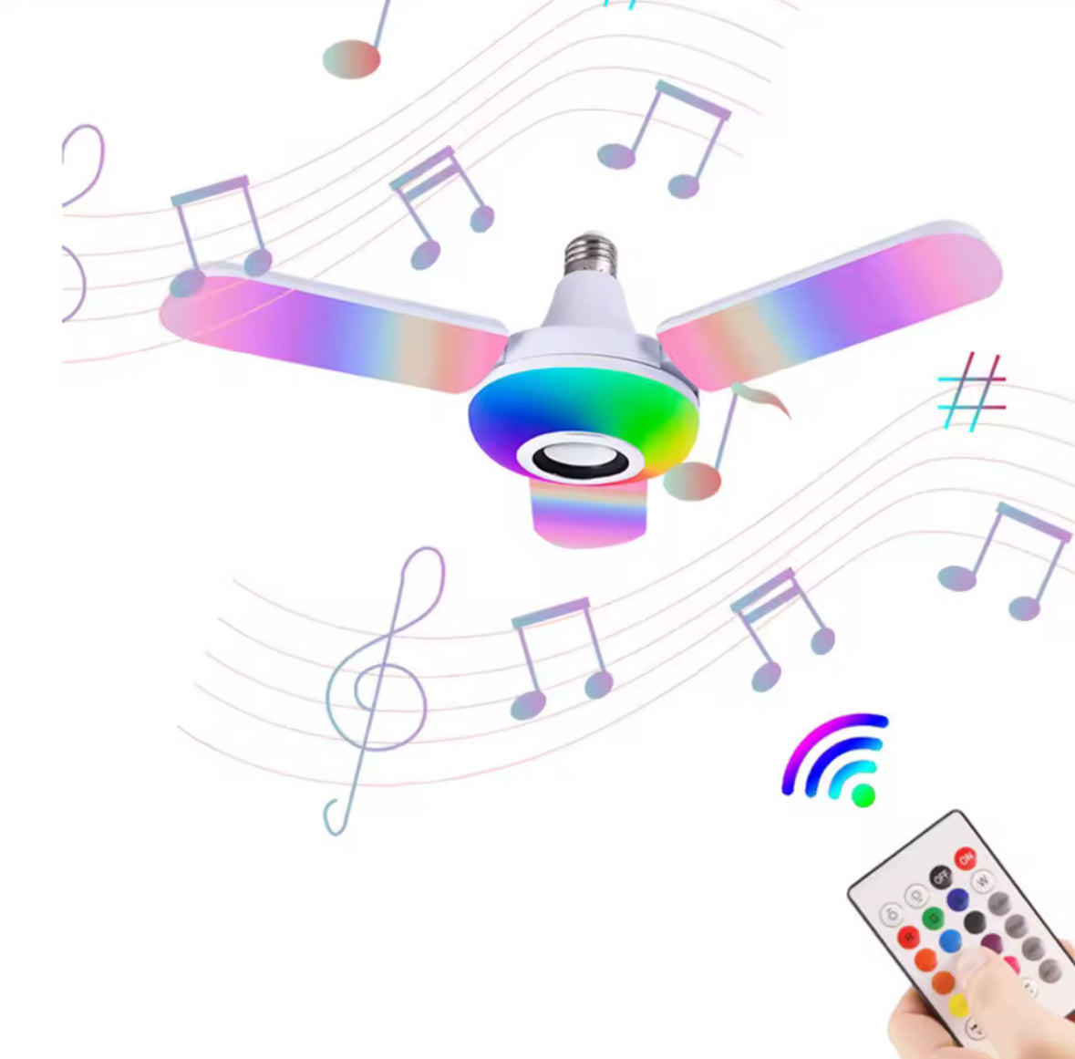 LED Musik-Lampe mit Bluetooth-Lautsprecher | E27 Farbwechsel-Birne mit 4 Leucht-Blättern & Fernbedienung | Party-Licht & Sound für Wohnzimmer, Jugendzimmer & Hobbyraum