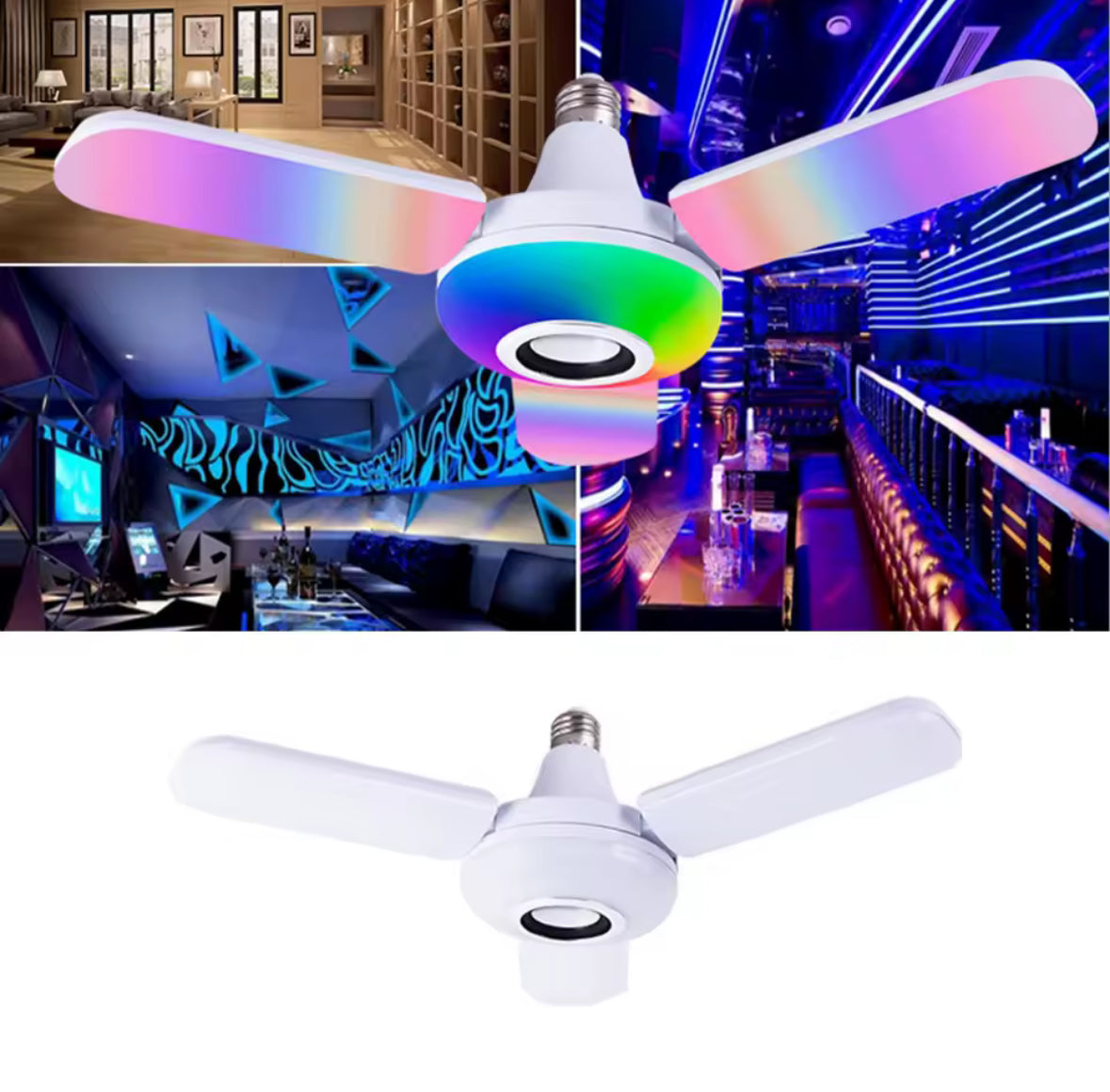 LED Musik-Lampe mit Bluetooth-Lautsprecher | E27 Farbwechsel-Birne mit 4 Leucht-Blättern & Fernbedienung | Party-Licht & Sound für Wohnzimmer, Jugendzimmer & Hobbyraum