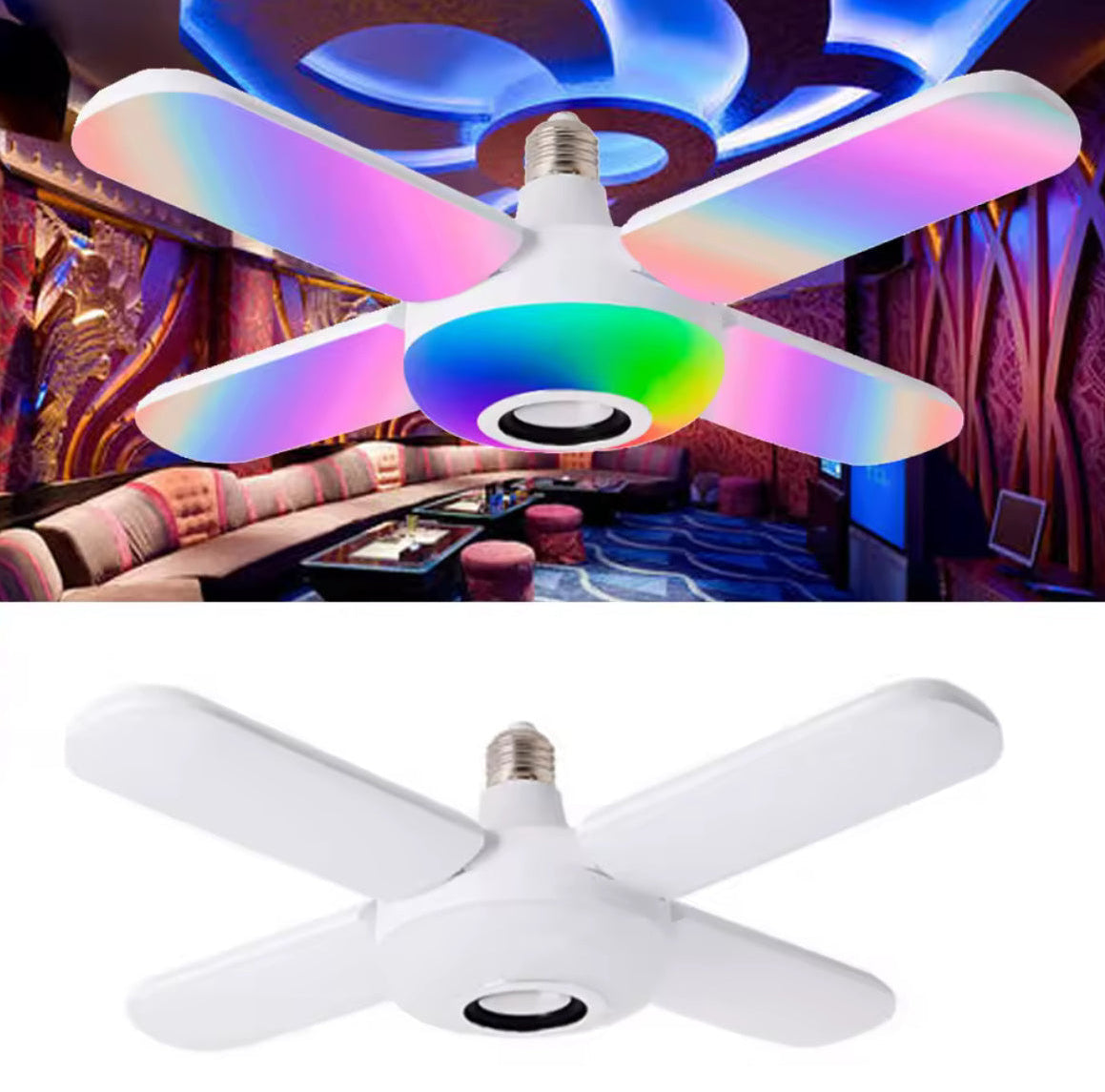 LED Musik-Lampe mit Bluetooth-Lautsprecher | E27 Farbwechsel-Birne mit 4 Leucht-Blättern & Fernbedienung | Party-Licht & Sound für Wohnzimmer, Jugendzimmer & Hobbyraum