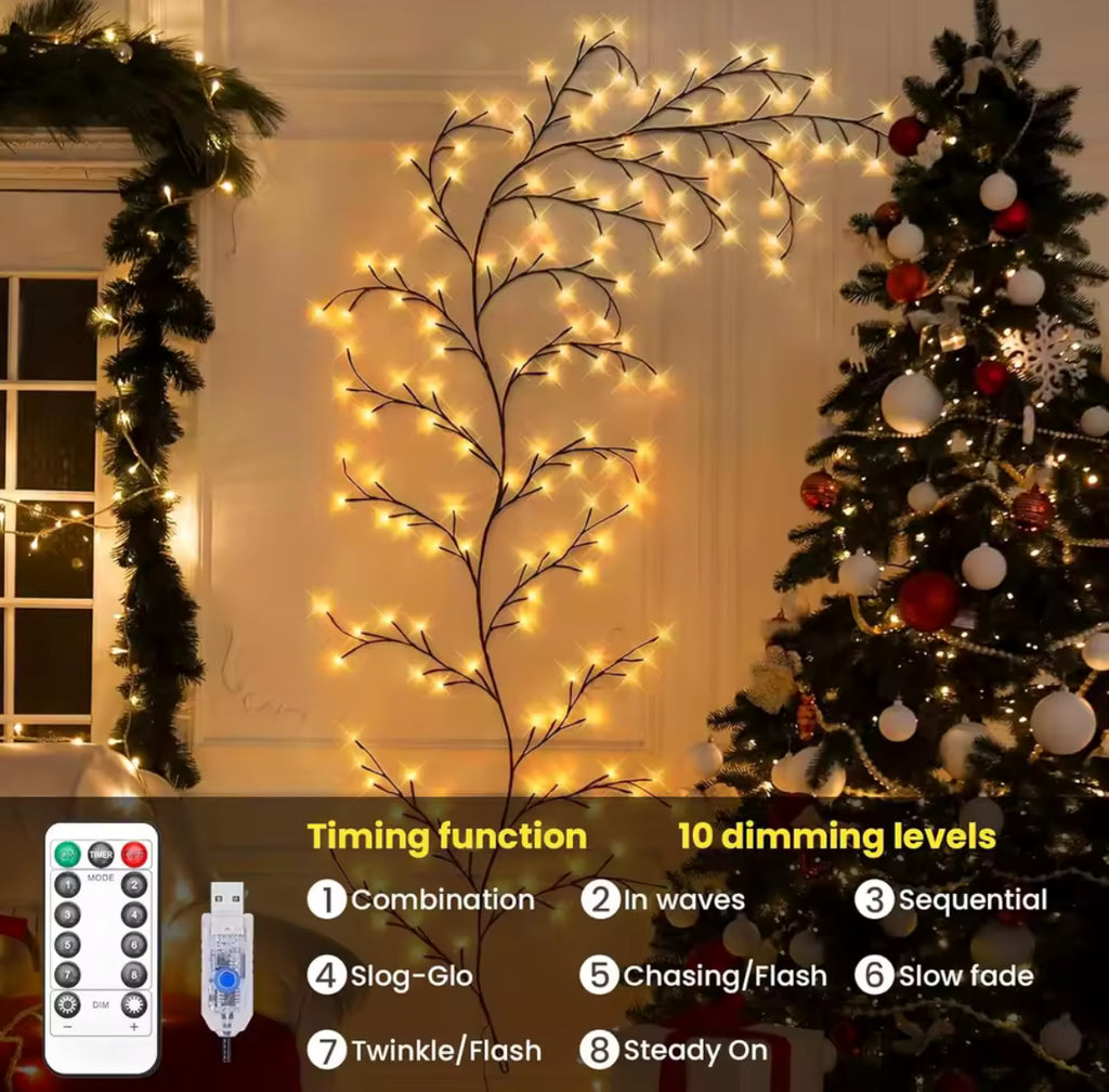 LED Weidenranken-Licht biegbar | 72–144 warmweisse Micro-LEDs, USB-betrieben | Formbare Lichtzweige als Wanddeko für Schlafzimmer, Fenster & Flur