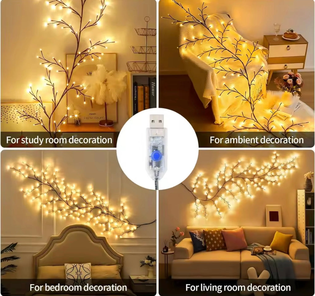 LED Weidenranken-Licht biegbar | 72–144 warmweisse Micro-LEDs, USB-betrieben | Formbare Lichtzweige als Wanddeko für Schlafzimmer, Fenster & Flur