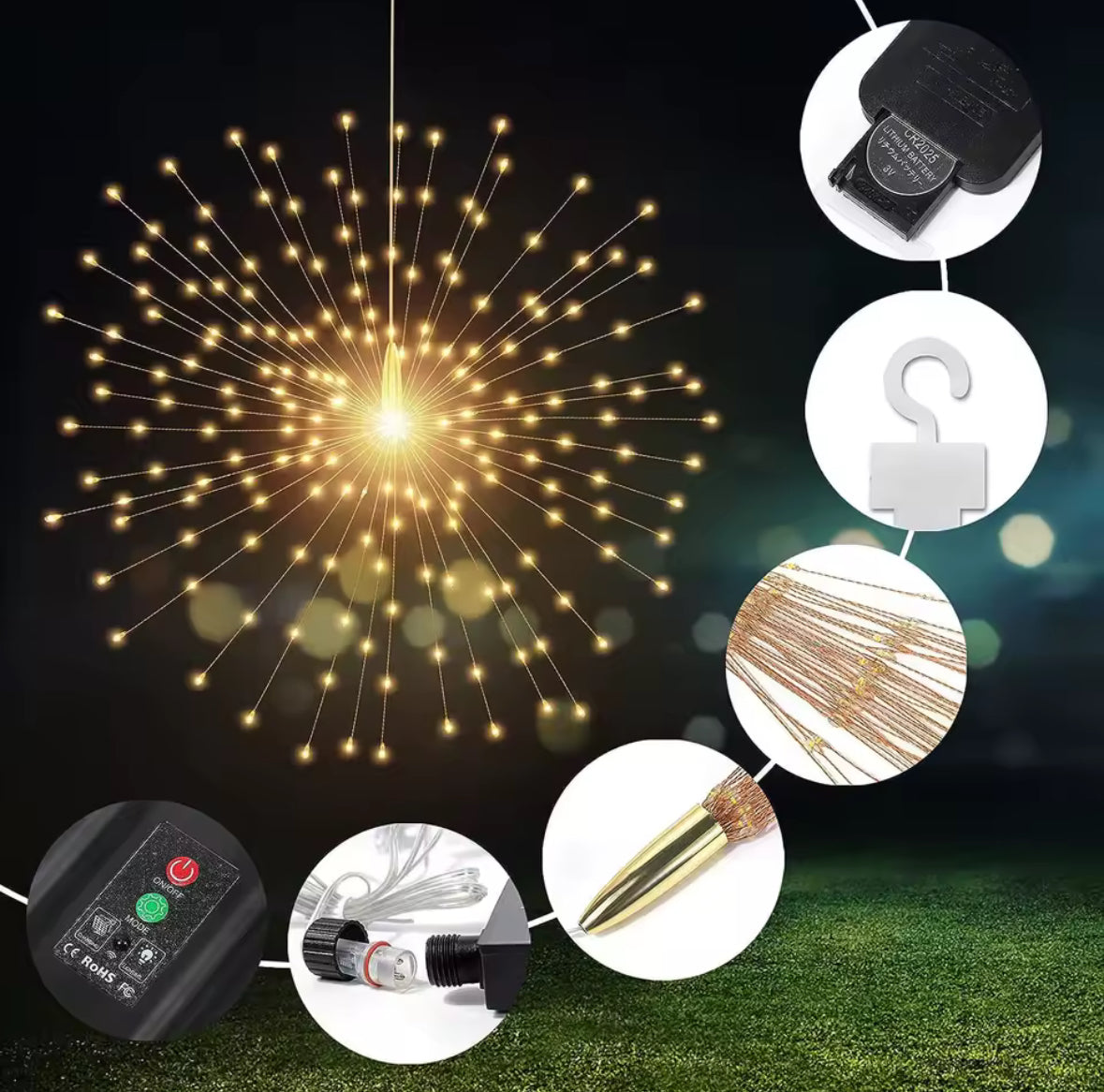 Solar Feuerwerks-Lichter zum Aufhängen | 4–5 Starburst-Kugeln mit 8 Modi, Fernbedienung & USB-Notladung, IP65 | Funkel-Deko für Baum, Pergola & Weihnachten