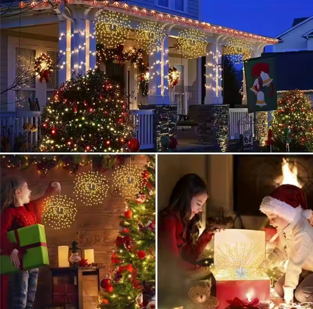 Solar Feuerwerks-Lichter zum Aufhängen | 4–5 Starburst-Kugeln mit 8 Modi, Fernbedienung & USB-Notladung, IP65 | Funkel-Deko für Baum, Pergola & Weihnachten