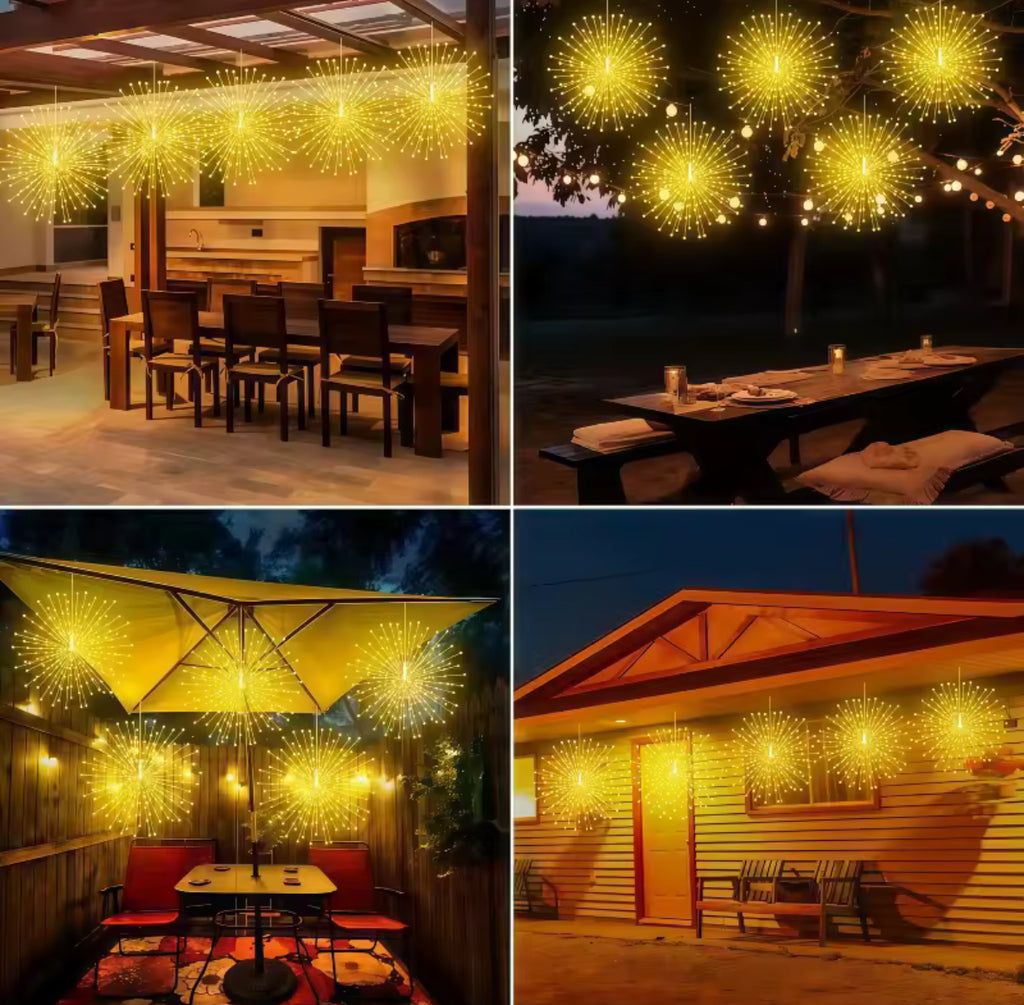 Solar Feuerwerks-Lichter zum Aufhängen | 4–5 Starburst-Kugeln mit 8 Modi, Fernbedienung & USB-Notladung, IP65 | Funkel-Deko für Baum, Pergola & Weihnachten