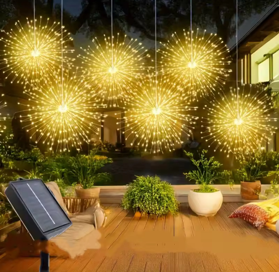 Solar Feuerwerks-Lichter zum Aufhängen | 4–5 Starburst-Kugeln mit 8 Modi, Fernbedienung & USB-Notladung, IP65 | Funkel-Deko für Baum, Pergola & Weihnachten