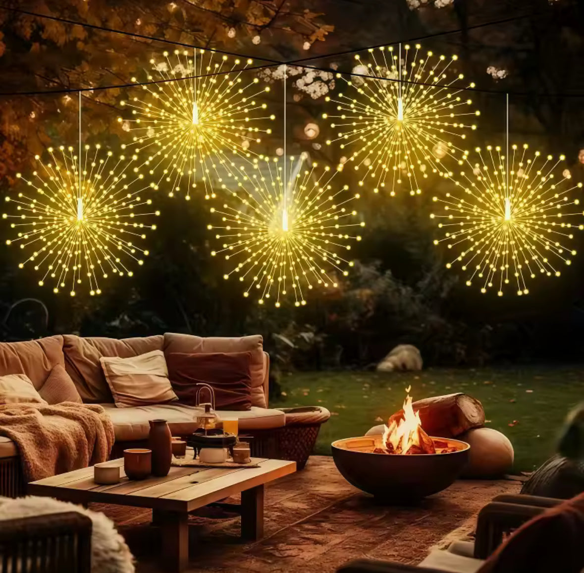Solar Feuerwerks-Lichter zum Aufhängen | 4–5 Starburst-Kugeln mit 8 Modi, Fernbedienung & USB-Notladung, IP65 | Funkel-Deko für Baum, Pergola & Weihnachten