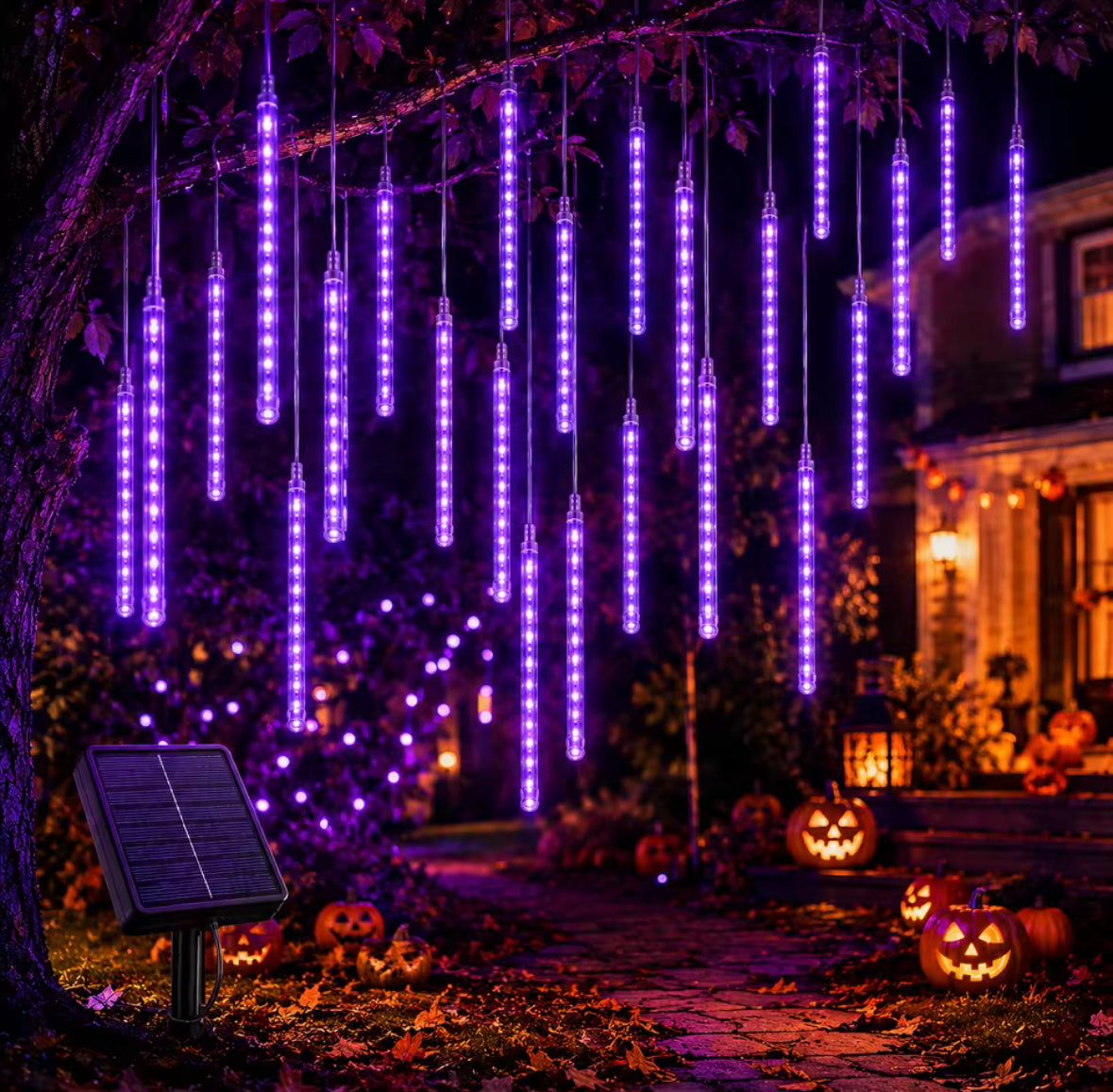 Solar Meteorschauer-Lichter | 8 Röhren mit fallendem Lichteffekt, 192 LEDs, Dämmerungssensor | Sternschnuppen-Deko für Baum, Vordach & Pergola