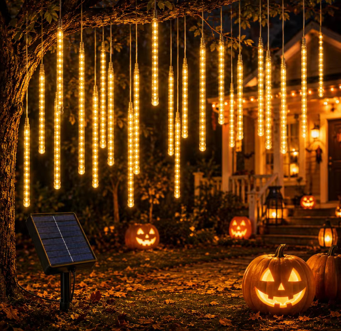 Solar Meteorschauer-Lichter | 8 Röhren mit fallendem Lichteffekt, 192 LEDs, Dämmerungssensor | Sternschnuppen-Deko für Baum, Vordach & Pergola