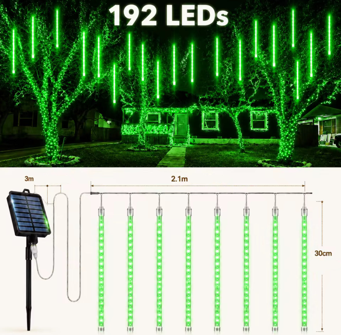 Solar Meteorschauer-Lichter | 8 Röhren mit fallendem Lichteffekt, 192 LEDs, Dämmerungssensor | Sternschnuppen-Deko für Baum, Vordach & Pergola