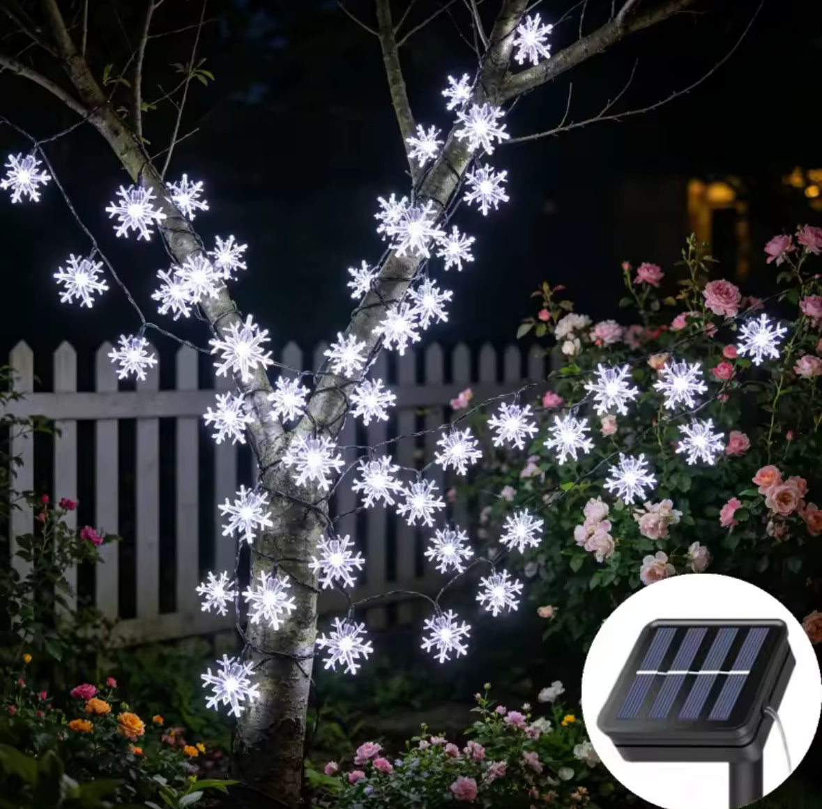 Solar Schneeflocken-Lichterkette | 7–12 m mit 50–100 LED-Flocken, 8 Modi, IP65 | Winterdeko aussen für Baum, Balkon, Fenster & Geländer
