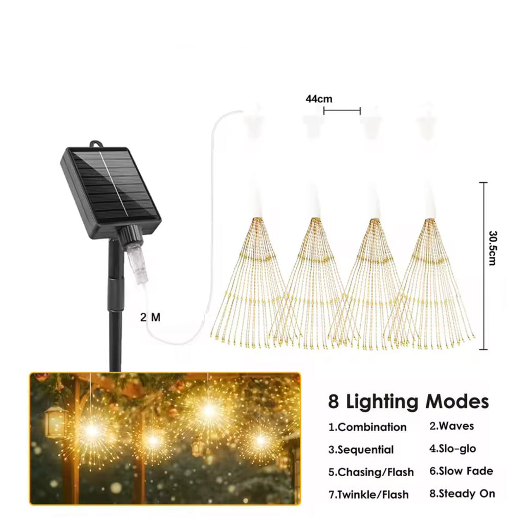 Solar Feuerwerks-Lichter zum Aufhängen | 4–5 Starburst-Kugeln mit 8 Modi, Fernbedienung & USB-Notladung, IP65 | Funkel-Deko für Baum, Pergola & Weihnachten