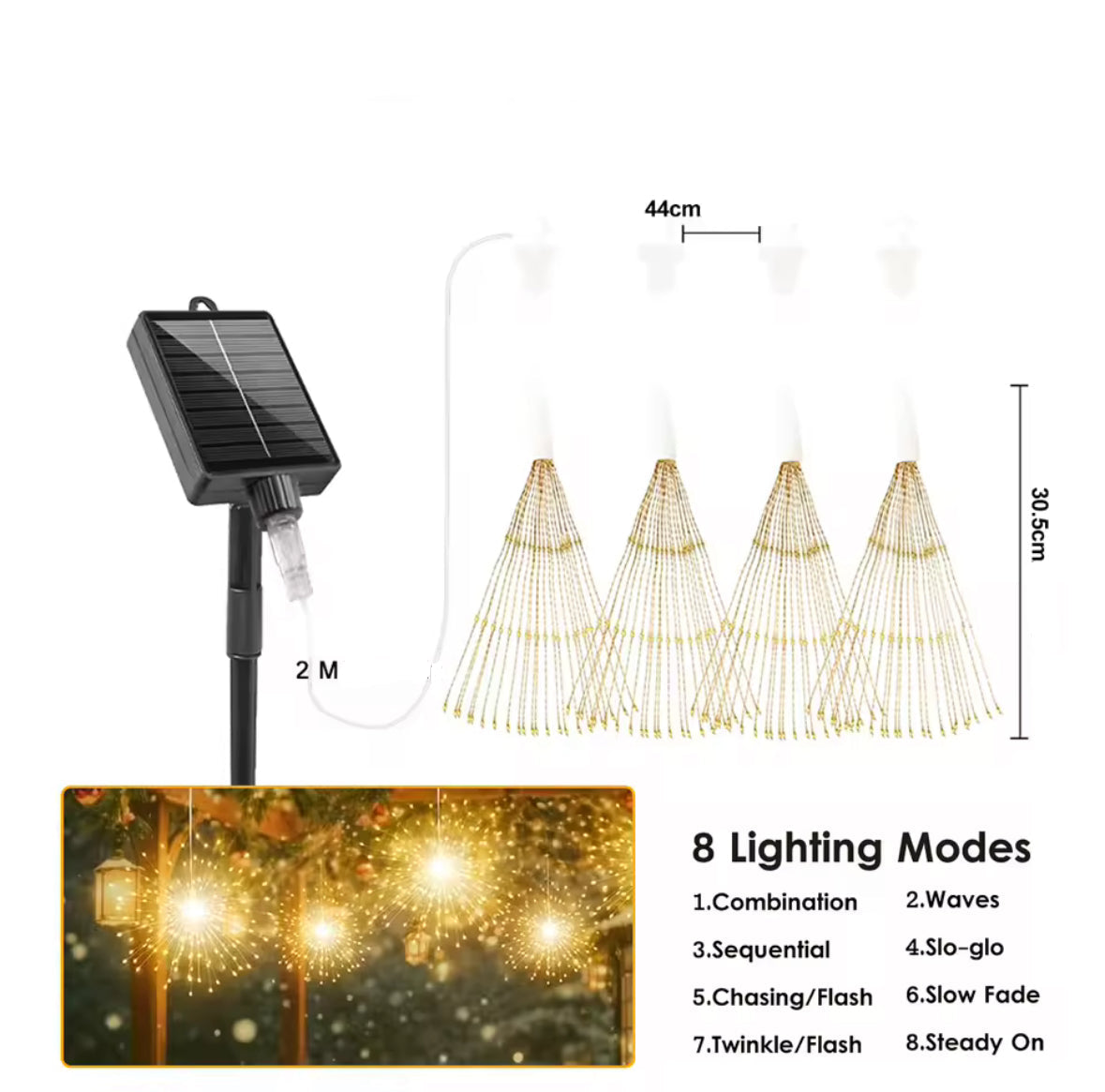 Solar Feuerwerks-Lichter zum Aufhängen | 4–5 Starburst-Kugeln mit 8 Modi, Fernbedienung & USB-Notladung, IP65 | Funkel-Deko für Baum, Pergola & Weihnachten