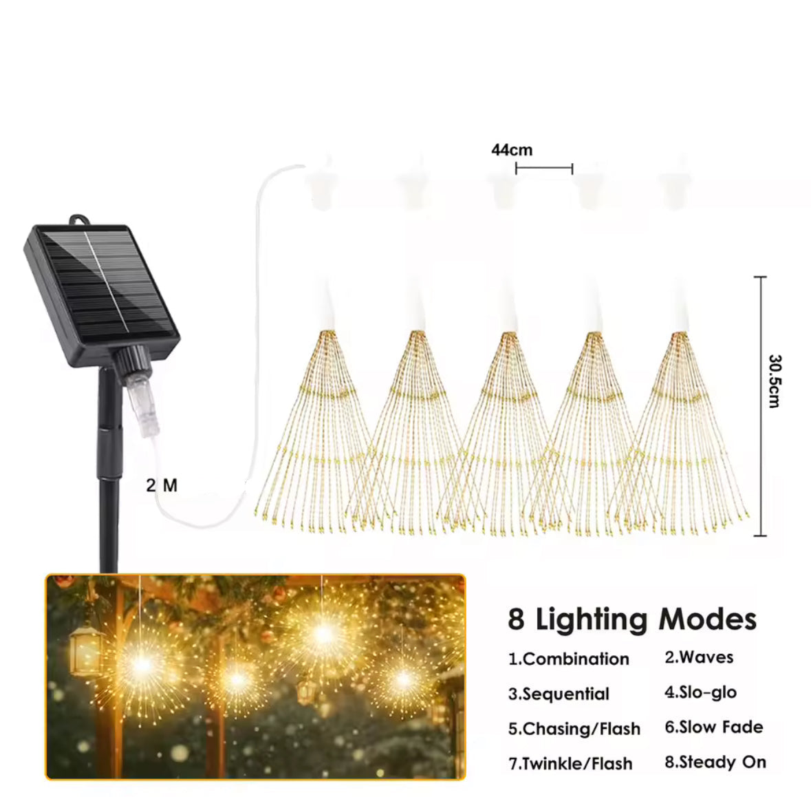 Solar Feuerwerks-Lichter zum Aufhängen | 4–5 Starburst-Kugeln mit 8 Modi, Fernbedienung & USB-Notladung, IP65 | Funkel-Deko für Baum, Pergola & Weihnachten