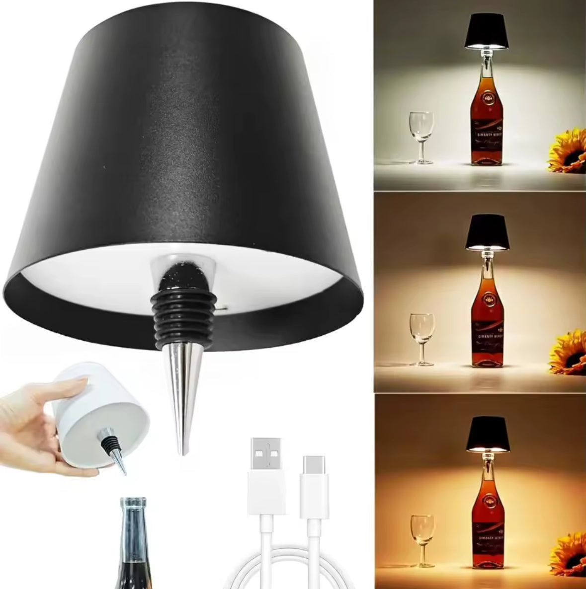 LED Flaschen-Tischlampe mit Akku | Kabelloses Bar-Licht mit Touch & 3 Lichtfarben, USB-C | Stimmungslicht für Esstisch, Bartresen, Balkon & Apéro