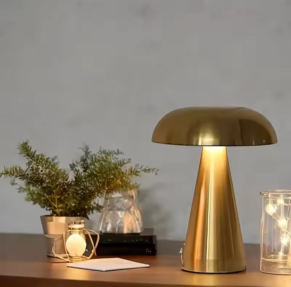 LED Pilz-Tischlampe mit Touch-Dimmer | Kabellose Retro Mushroom-Lampe mit Akku, 3 Lichtfarben, USB | Design-Nachtlicht für Nachttisch, Schreibtisch & Regal