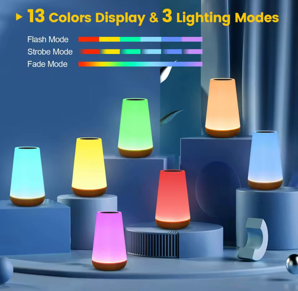 Mehrfarbiges LED Licht mit Fernbedienung & Sleep-Timer | 13 Farben, 5 Stufen dimmbar, Touch, USB-Akku | Einschlaflicht für Kinderzimmer, Nachttisch & Regal