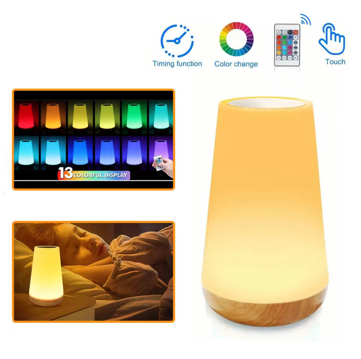 Mehrfarbiges LED Licht mit Fernbedienung & Sleep-Timer | 13 Farben, 5 Stufen dimmbar, Touch, USB-Akku | Einschlaflicht für Kinderzimmer, Nachttisch & Regal