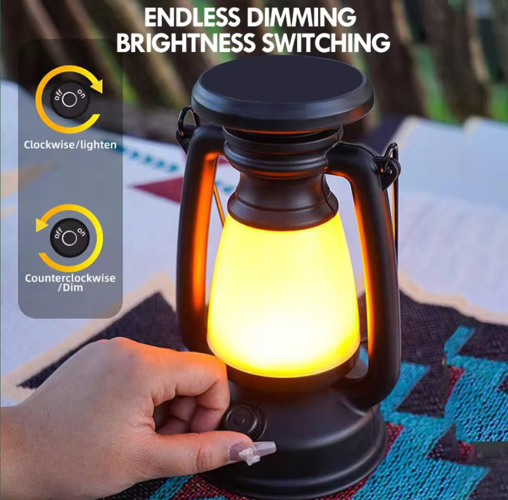 LED Retro-Campinglaterne mit Akku | Sturmlaternen-Look mit Drehdimmer, 3 Modi, USB-C, Tragegriff | Stimmungslicht für Gartentisch, Camping, Balkon & Zelt