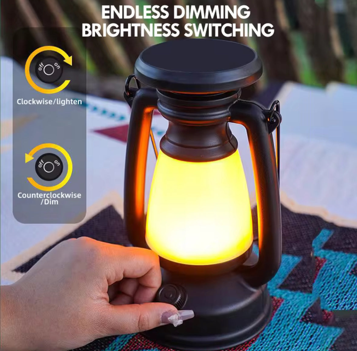 LED Retro-Campinglaterne mit Akku | Sturmlaternen-Look mit Drehdimmer, 3 Modi, USB-C, Tragegriff | Stimmungslicht für Gartentisch, Camping, Balkon & Zelt