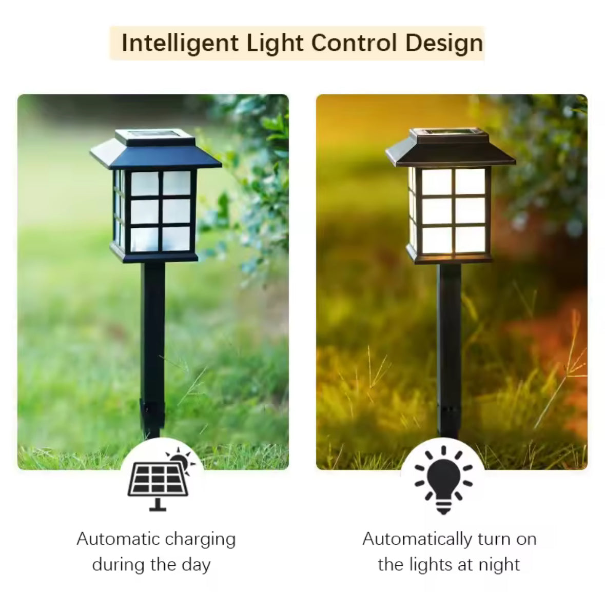 Solar Wegelicht im Häuschen-Stil | Sprossenfenster-Lichtmuster, warmweiss oder kaltweiss, Dämmerungsautomatik | Deko-Wegbeleuchtung für Gartenweg, Beet & Einfahrt