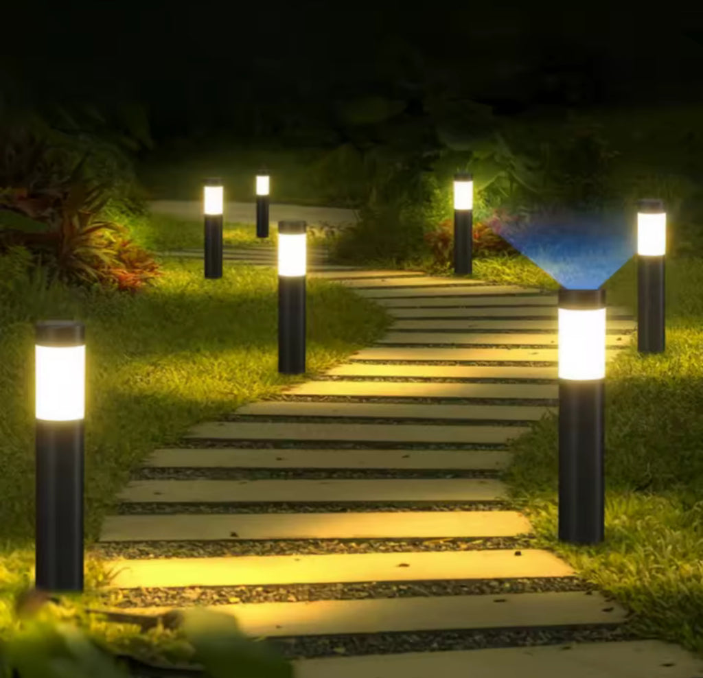 Solar Poller aus Edelstahl | Moderne Zylinderform, 2 Grössen, warmweiss oder kaltweiss, IP65 | Solar-Wegbeleuchtung für Gartenweg, Einfahrt & Rasenkante