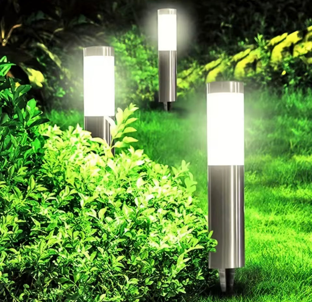 Solar Poller aus Edelstahl | Moderne Zylinderform, 2 Grössen, warmweiss oder kaltweiss, IP65 | Solar-Wegbeleuchtung für Gartenweg, Einfahrt & Rasenkante