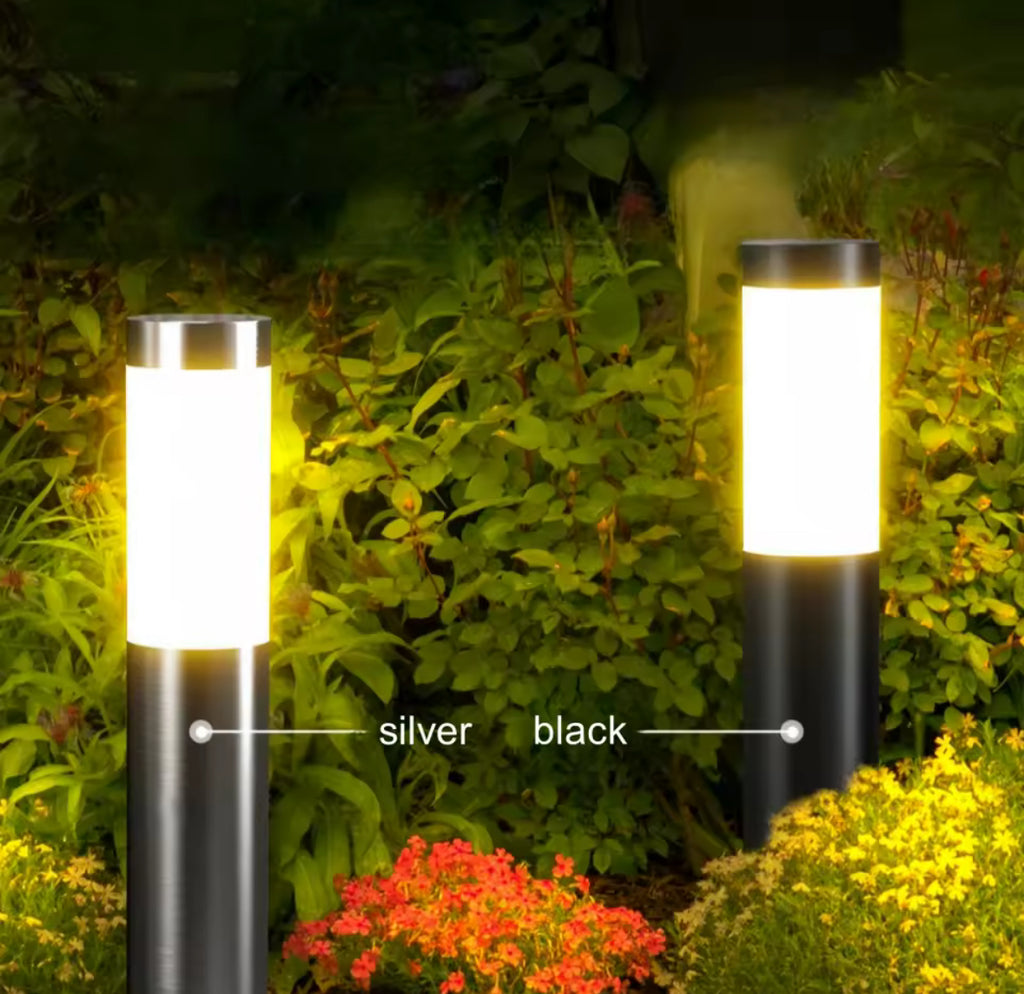 Solar Poller aus Edelstahl | Moderne Zylinderform, 2 Grössen, warmweiss oder kaltweiss, IP65 | Solar-Wegbeleuchtung für Gartenweg, Einfahrt & Rasenkante