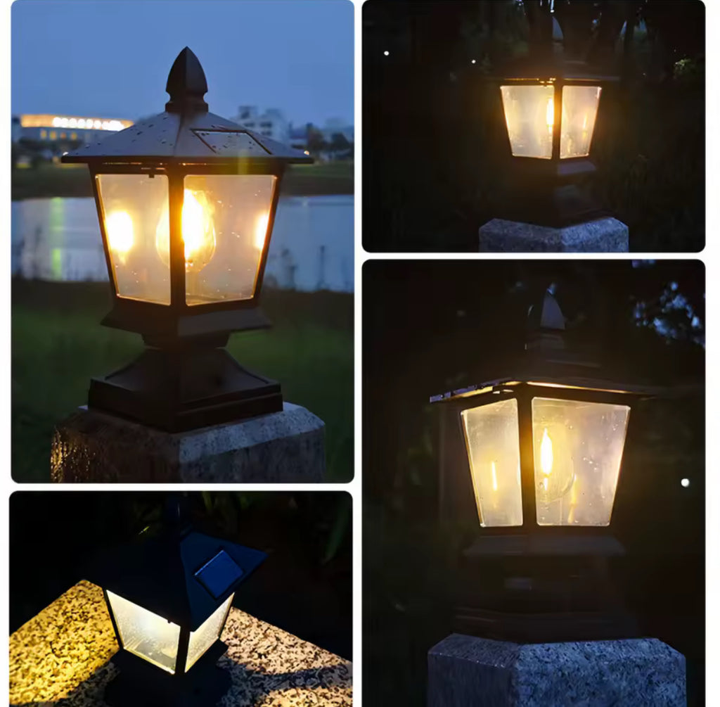 Elegante Solar Pfostenlaterne im Landhausstil | Vintage-Glühbirne, warmweiss, 4 Solarpanels, IP65 | Laternenlicht für Mauerpfeiler, Torsäule & Zaunpfosten