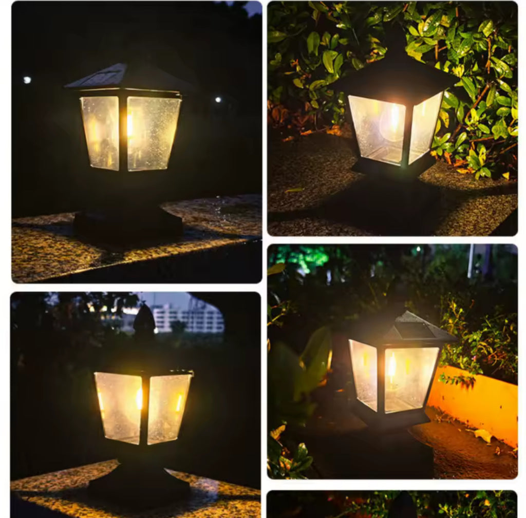 Elegante Solar Pfostenlaterne im Landhausstil | Vintage-Glühbirne, warmweiss, 4 Solarpanels, IP65 | Laternenlicht für Mauerpfeiler, Torsäule & Zaunpfosten