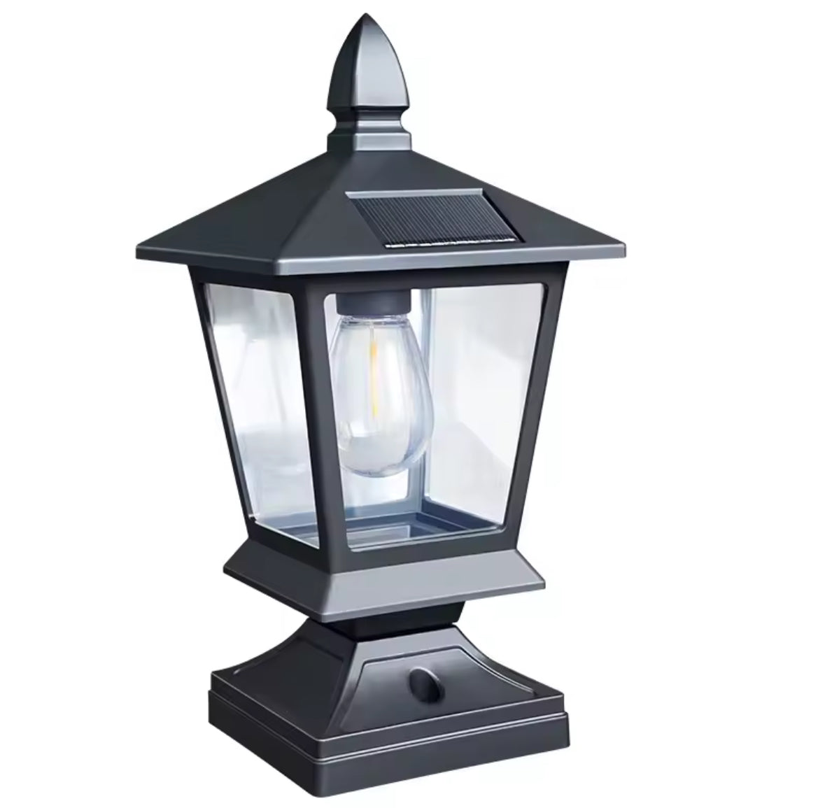 Elegante Solar Pfostenlaterne im Landhausstil | Vintage-Glühbirne, warmweiss, 4 Solarpanels, IP65 | Laternenlicht für Mauerpfeiler, Torsäule & Zaunpfosten