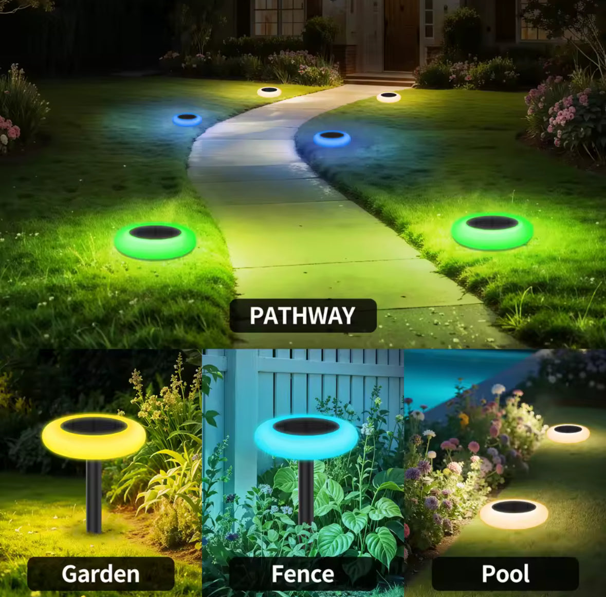 6 Solar Gartenleuchten mit Farbwechsel & Fernbedienung | Bunte Lichtscheiben, dimmbar, IP65, 6er-Set | Farbige Solar-Wegbeleuchtung für Garten, Rasen & Terrasse