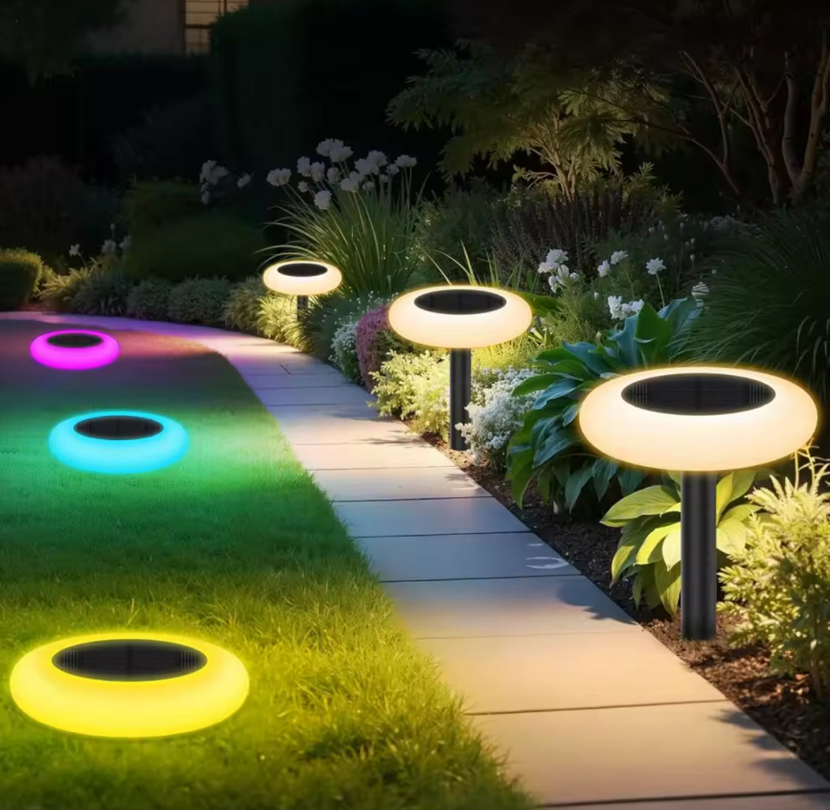 6 Solar Gartenleuchten mit Farbwechsel & Fernbedienung | Bunte Lichtscheiben, dimmbar, IP65, 6er-Set | Farbige Solar-Wegbeleuchtung für Garten, Rasen & Terrasse