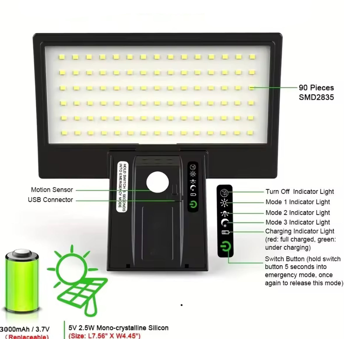 Solar Sicherheitsleuchte mit Bewegungsmelder | 90 LED Flutlicht, 4 Modi, 2600 mAh, IP65 | Kabelloses Aussenlicht für Garage, Hauseingang & Hof