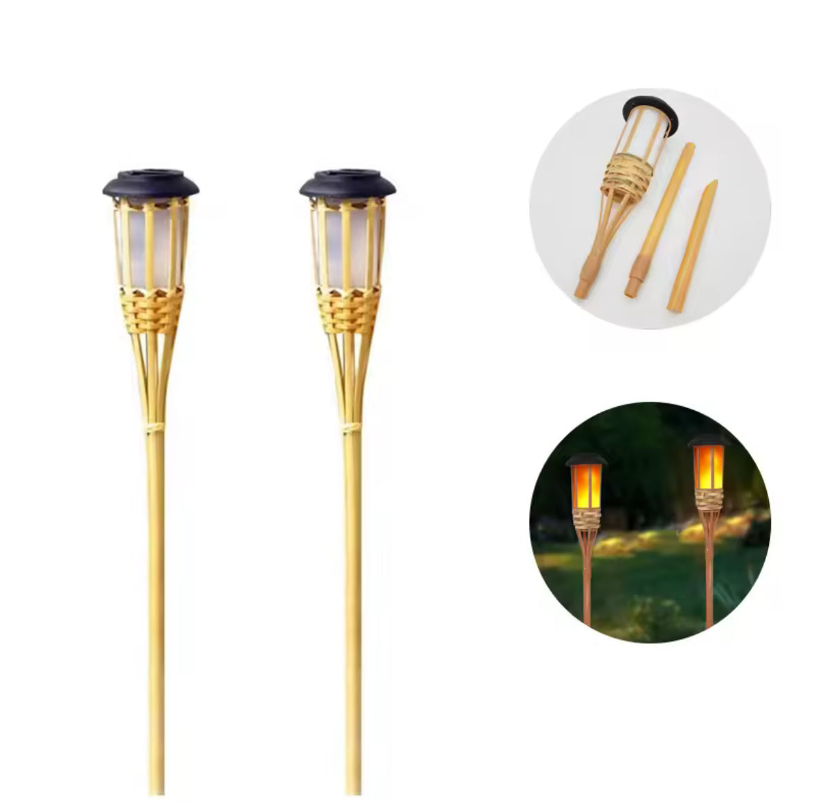 Solar Bambusfackel mit Flammeneffekt | 12 flackernde LEDs, handgeflochtener Bambus, 60 cm, IP65 | Stimmungslicht für Garten, Terrasse, Pool & Gartenparty