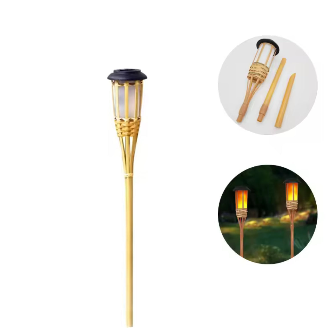 Solar Bambusfackel mit Flammeneffekt | 12 flackernde LEDs, handgeflochtener Bambus, 60 cm, IP65 | Stimmungslicht für Garten, Terrasse, Pool & Gartenparty