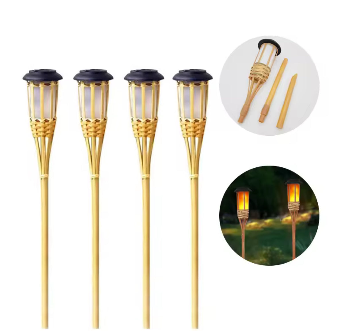 Solar Bambusfackel mit Flammeneffekt | 12 flackernde LEDs, handgeflochtener Bambus, 60 cm, IP65 | Stimmungslicht für Garten, Terrasse, Pool & Gartenparty